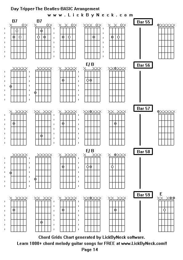 Chord Grids Chart of chord melody fingerstyle guitar song-Day Tripper-The Beatles-BASIC Arrangement,generated by LickByNeck software.